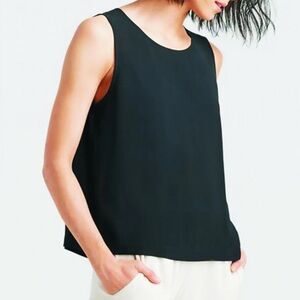 Eileen Fisher system silk crepe round neck shell M black tank top slits timeless
